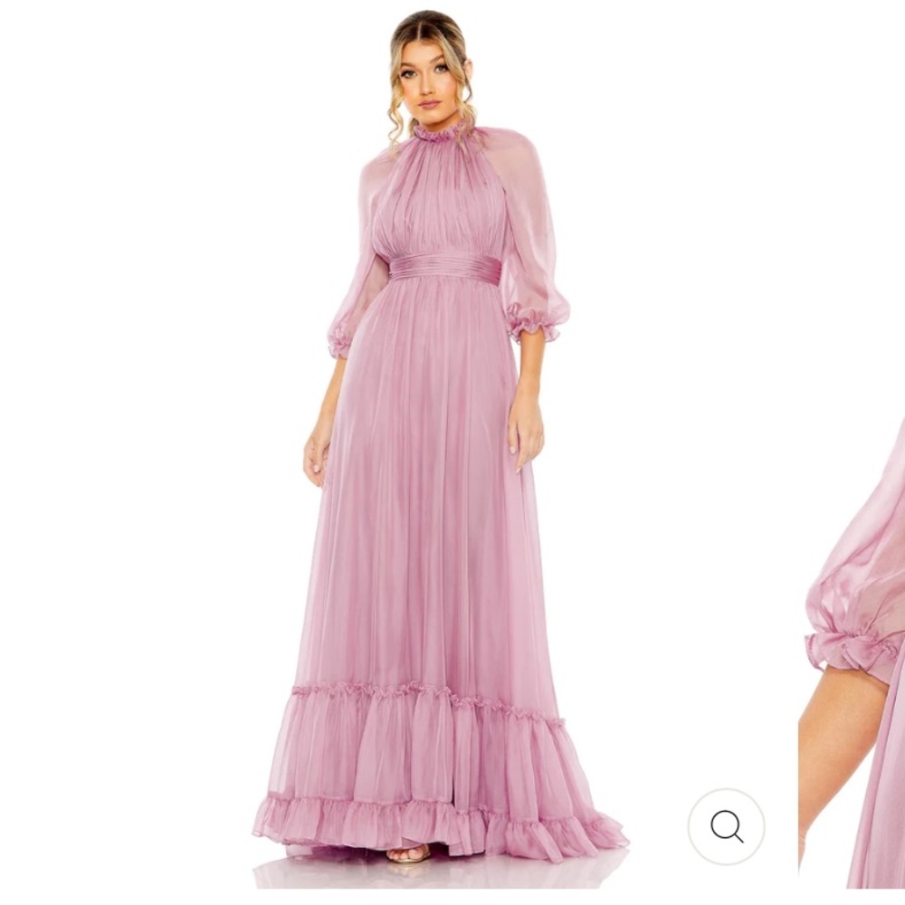 MAC DUGGAL CHIFFON RUCHED ILLUSION RAGLAN
SLEEVE RUFFLED GOWN